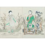 Pair Oriental watercolours
Woman holding fan in a garden, 18.5cm x 20.