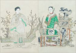 Pair Oriental watercolours
Woman holding fan in a garden, 18.5cm x 20.