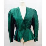 An emerald green taffeta evening jacket, a black and gold devore velvet shawl with gold fringe,