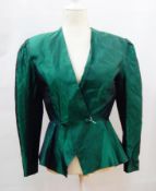 An emerald green taffeta evening jacket, a black and gold devore velvet shawl with gold fringe,