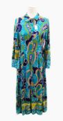 A 1960's psychedelic maxi dress by Marlow, button front, tie belt in turquoise, blue and purple,