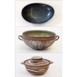 Quantity of studio pottery to include Swedish mottled-green oval dish,