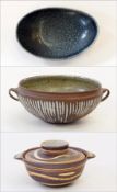 Quantity of studio pottery to include Swedish mottled-green oval dish,