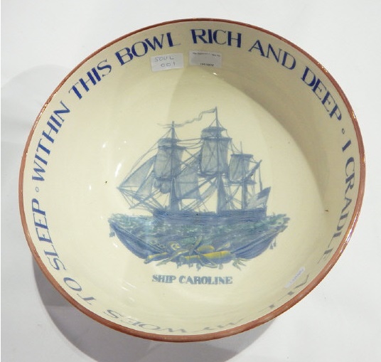 Grays Pottery Fondeville punch bowl with transfer decoration of "Ship Caroline" and motto "I cradle