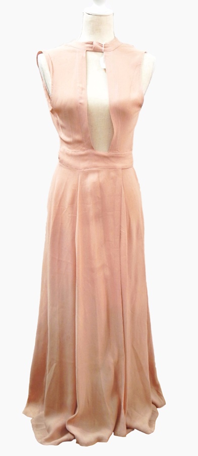 A 1930's crepe de chine salmon pink full-length evening dress with low back and a tie