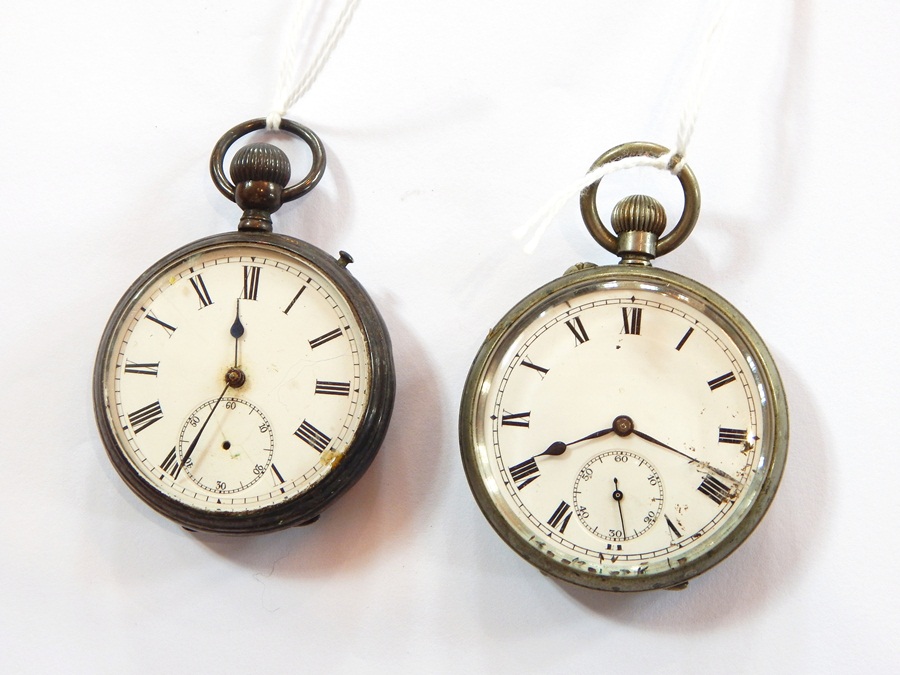 A silver open-faced pocket watch with enamel dial,
