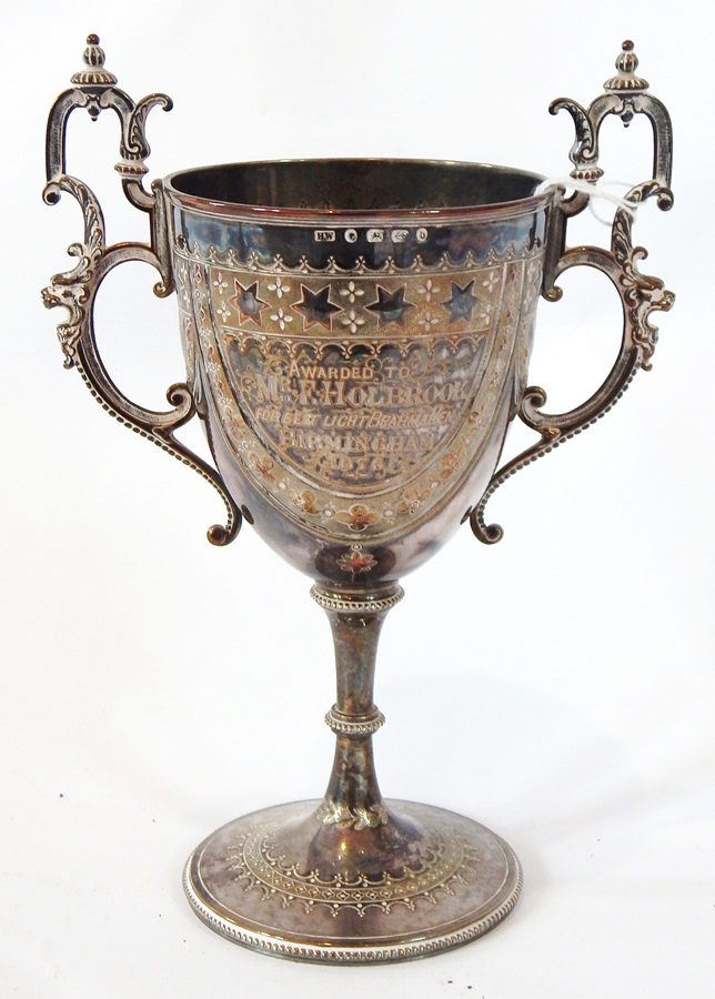 A Victorian two-handled trophy cup, "awarded to Mr F Holbrook for the Best Light Brahma Hen,