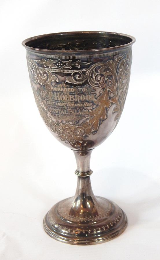 A Victorian silver trophy cup "awarded to Mr F Holbrook for Best Light Brahma Hen, Crystal Palace,