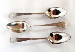 Three Georgian silver tablespoons, Old English pattern, with bright cut engraving,