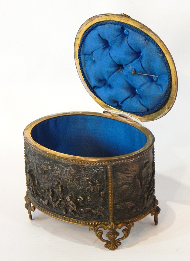 A French bronze and gilt metal oval jewellery casket decorated panels with dancing figures, - Image 2 of 2