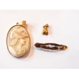 A carved shell cameo pendant with portrait of Hermes, oval, in gold-coloured mount,