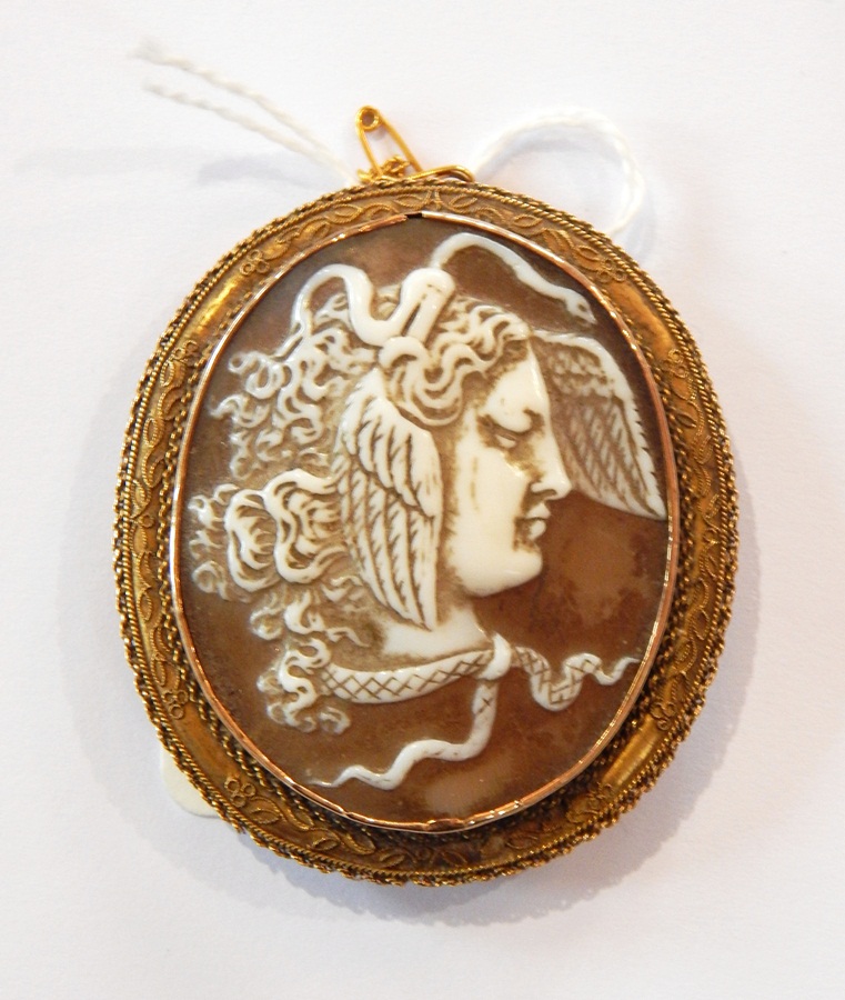 Victorian gold and carved shell cameo brooch with portrait of Medusa