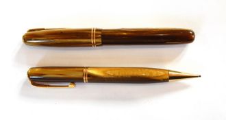 Watermans 512V small fountain pen in tiger's eye-effect case and matching propelling pencil