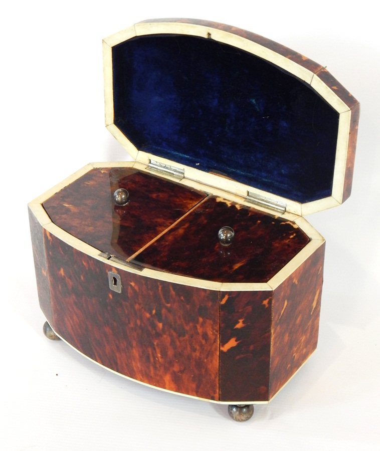 A 19th century bow-front tortoiseshell tea caddy, the top with inset engraved plate, - Image 2 of 2