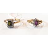 A 9ct gold, amethyst and white stone cluster ring, a gold-coloured metal,