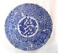 Pair Japanese chargers decorated in underglaze blue with phoenix, cloud scroll and dragon borders,