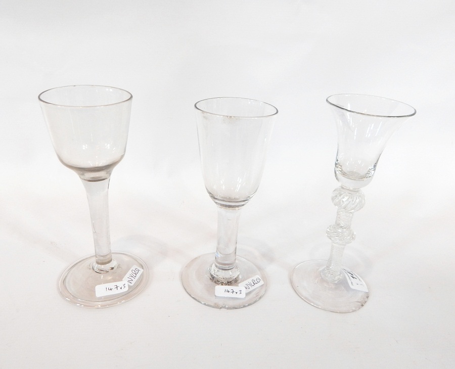 Two early cordial glasses, (one af), and an early Georgian style glass, trumpet bowl,