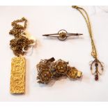 A 9ct gold and blue stone bar brooch, a 9ct gold openwork seedpearl and amethyst pendant,