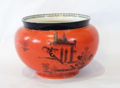 A Poultney & Co, Bristol painted jardiniere of orange field with black oriental pattern,