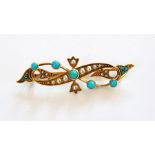 Gold, seedpearl and turquoise bar brooch,
