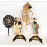 Small quantity of Oriental collectibles to include three padded silk and carved figures,