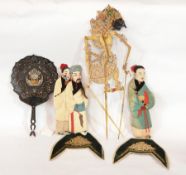 Small quantity of Oriental collectibles to include three padded silk and carved figures,
