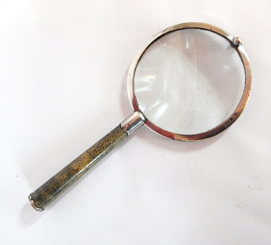 A silver mounted magnifying glass with shagreen handle,
