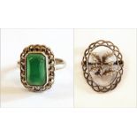 Silver green stone and marcasite ring,