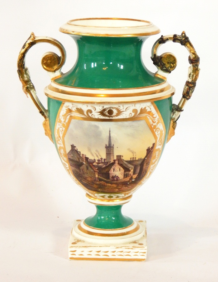 A Derby two-handled vase, village scene with church in background, on an emerald green ground,