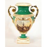A Derby two-handled vase, village scene with church in background, on an emerald green ground,