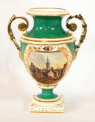 A Derby two-handled vase, village scene with church in background, on an emerald green ground,