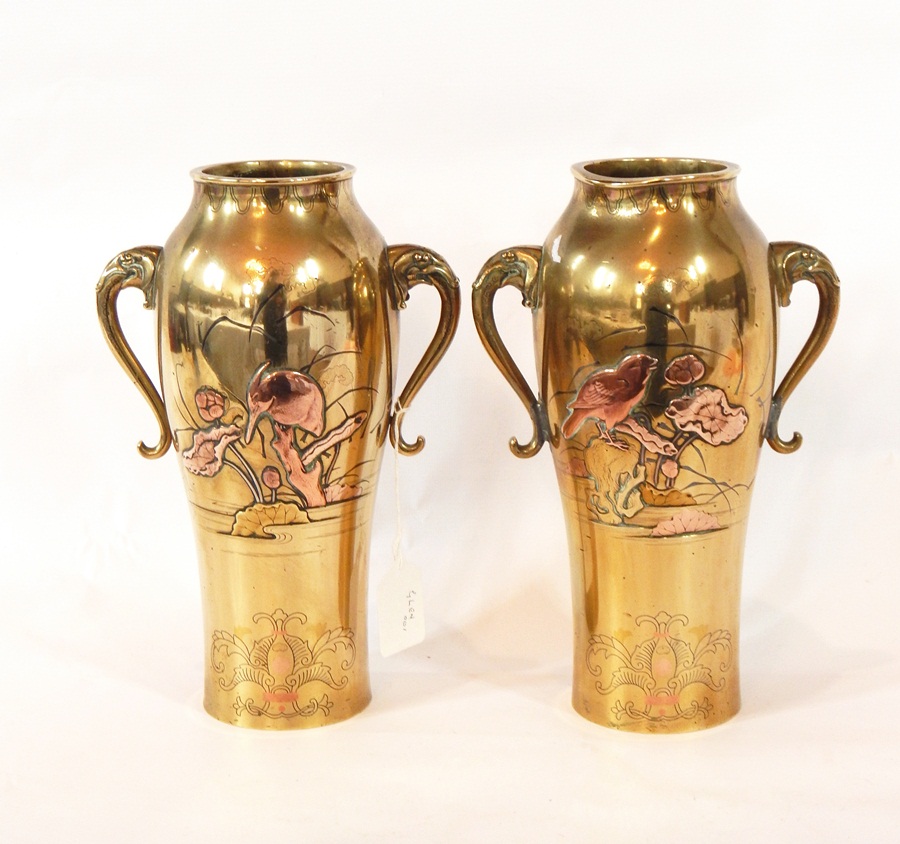 Pair of Japanese bronze two handled vases, slender ovoid,