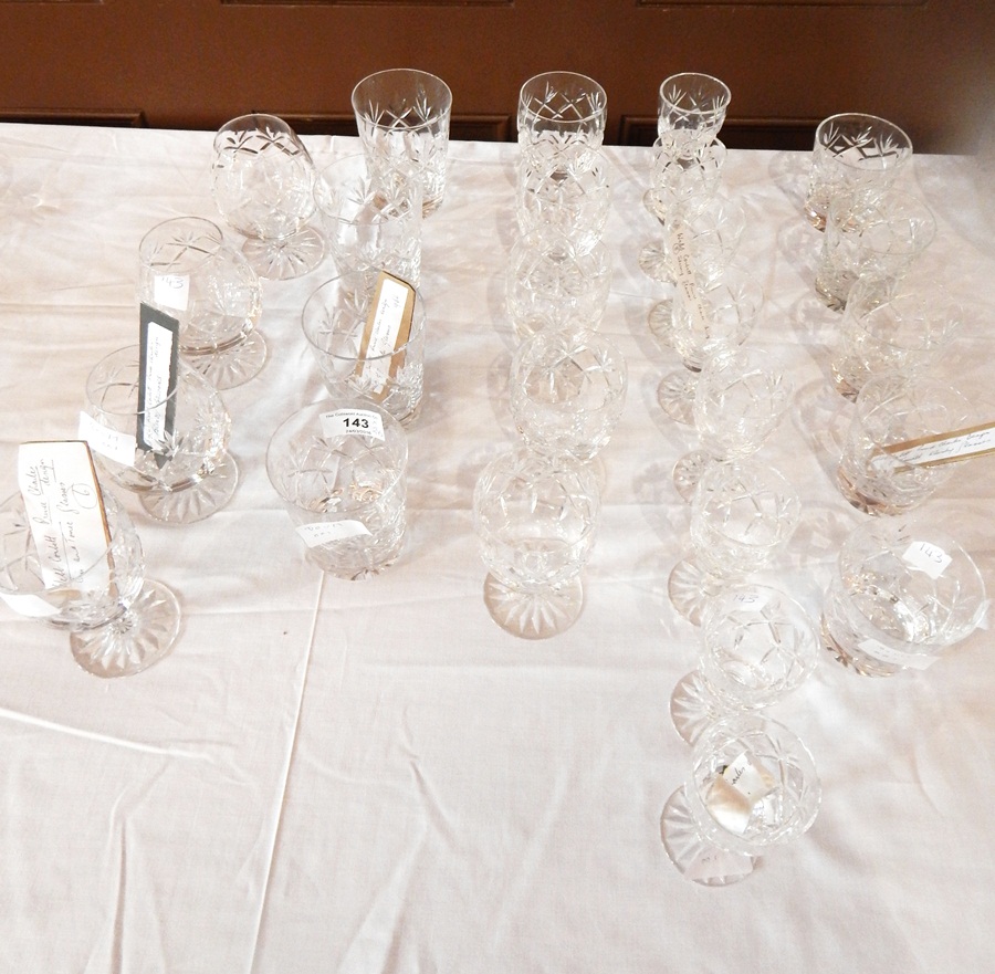 A quantity of Webb Corbett Prince Charles design glasses including small whisky glasses,