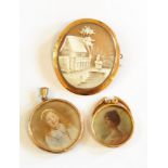 9ct gold cameo brooch depicting cottage and figure,