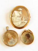 9ct gold cameo brooch depicting cottage and figure,