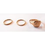 A 9ct gold signet ring, monogram engraved, a 9ct gold wedding band and another (marks rubbed),