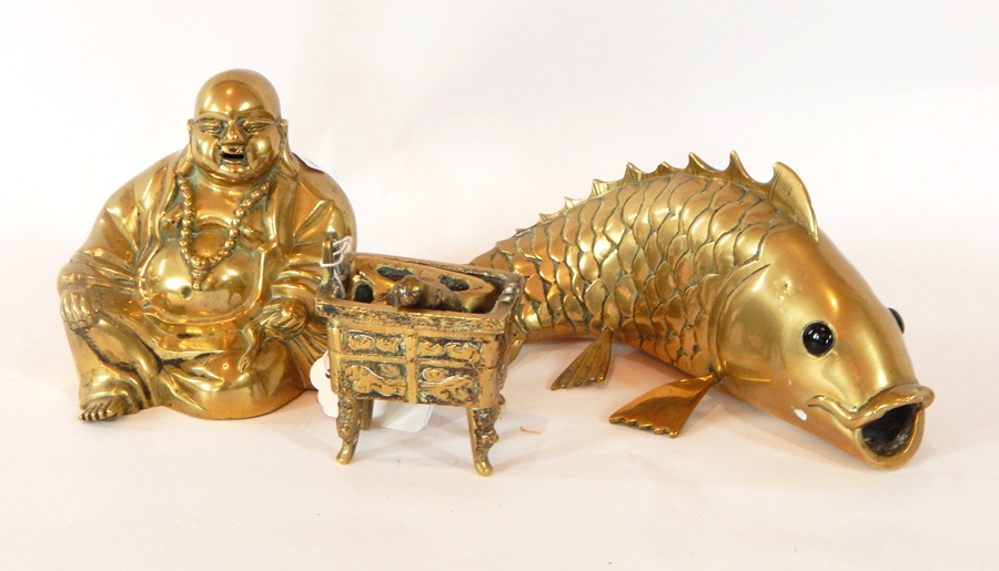 Quantity of Chinese brassware, a brass model Hotei,