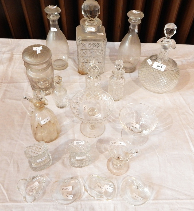 Diamond cut decanter, another cut glass decanter, a pair of small wine decanters,