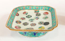 Chinese Canton porcelain footed dish, square with medallion decoration,