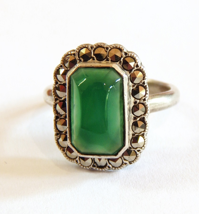 Silver green stone and marcasite ring, - Image 2 of 3