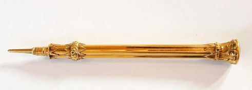 A Sampson Mordan gold-coloured metal propelling pencil with floral engraving and moss agate seal