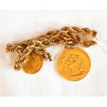 Gold-coloured ropetwist chain bracelet with George III gold sovereign, 1820,