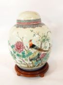 A Chinese porcelain ovoid vase painted in famille rose colours with exotic birds on rockwork,