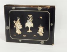 Lacquered papier mache postcard album with applied bone mother of pearl decoration with inset metal