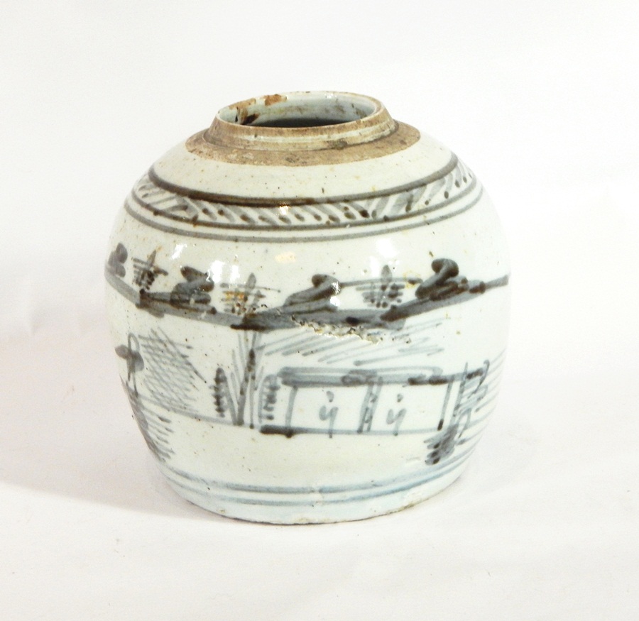 A Chinese Ming ginger jar (no lid), with stylised lakeside decoration in underglaze blue,