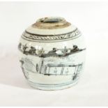 A Chinese Ming ginger jar (no lid), with stylised lakeside decoration in underglaze blue,
