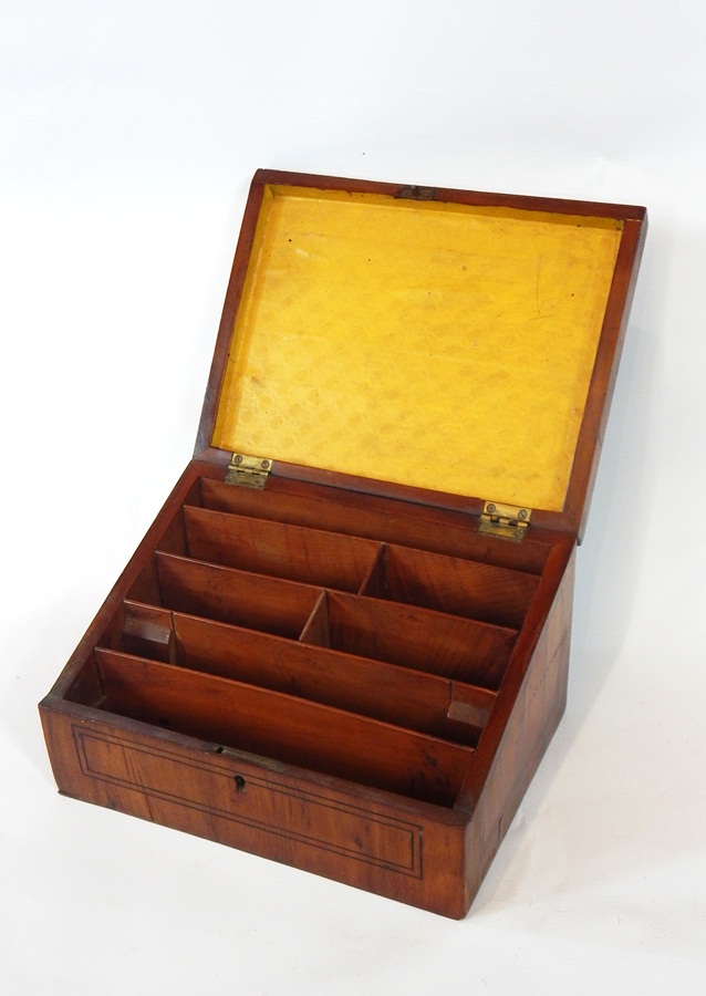 A 19th century yewwood stationery box with sloping top opening to reveal a fitted interior for - Image 2 of 2