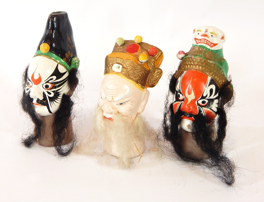 Six Chinese painted clay puppet doll heads with applied hair and beards and a Japanese paper - Image 2 of 3