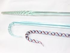 White, red and blue multiple series opaque twist glass walking stick, aqua glass walking stick,