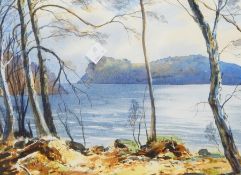 Watercolour, coastal scene with trees in the foreground,